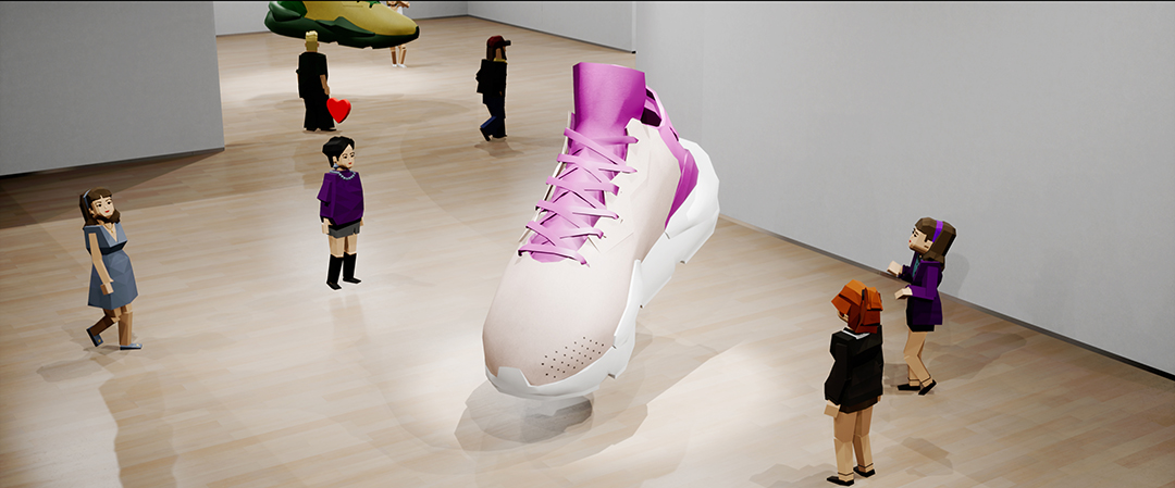 People avatars discussing new sneaker model in the metaverse shop. 3d rendering